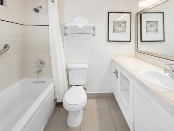 A clean bathroom with a white tub, shower curtain, toilet, and double-sink vanity, plus framed art on the wall. Top it at 140 characters, ending with a period.