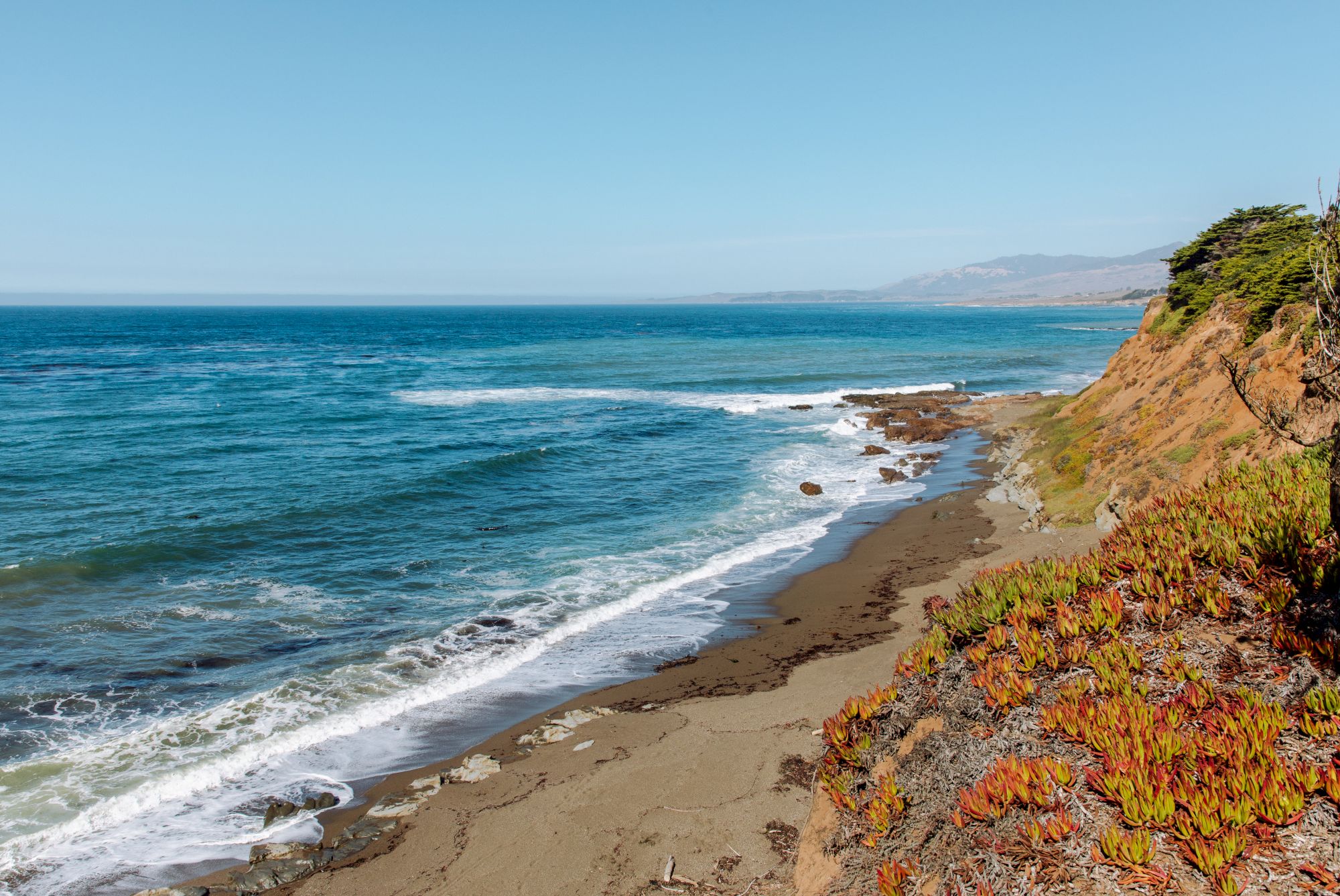 A rocky coastline with a sandy beach, blue ocean, gentle waves, and bright sky; coastal vegetation covers the cliff on the right, peaceful scene.