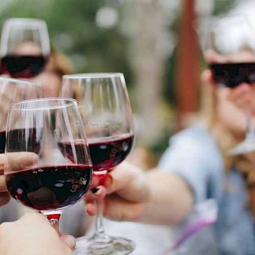 A group of people toasting with glasses of red wine in a cheerful outdoor setting, clinking glasses as they celebrate.
