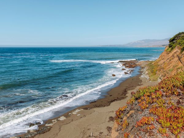 A rocky coastal scene with a sandy beach, gentle waves, blue ocean, clear sky, and colorful cliffside vegetation along the shore, peaceful and scenic.