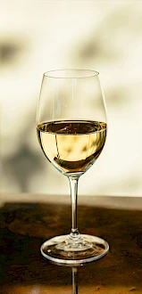 A glass of white wine on a wooden surface, with a blurred light background, elegant stemware reflecting a warm glow.
